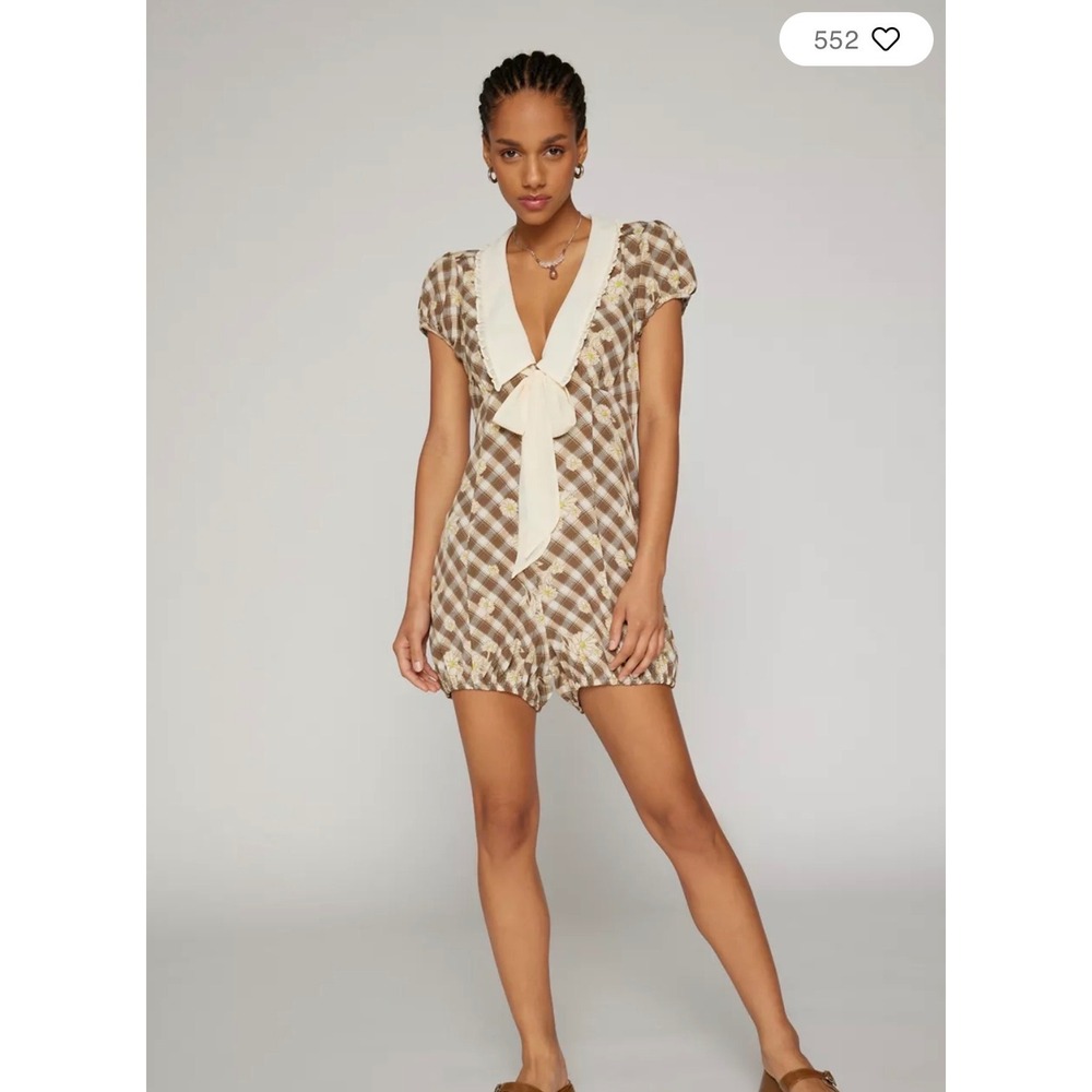 Kimchi Blue Giovanna Romper Small Brown Gingham Daisy Tie Ruffle Puff Sleeve